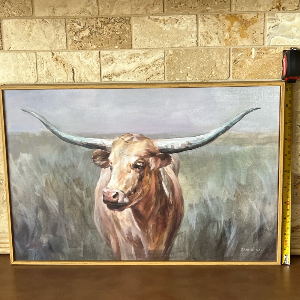 Longhorn Cattle Art Print - Brown and Gray with light tan frame ; New - Picture 2 of 5